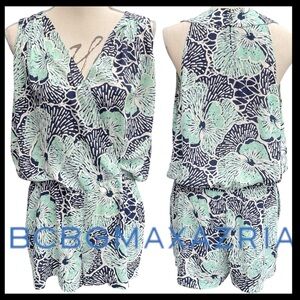 BCBGMaxazria Thalia Aqua/Navy/White Floral Print Sleeveless V Neck Romper (L)